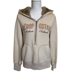 Aeropostale Hoodie Women's Size Large Cream Faux Fur Half Zip Pullover
